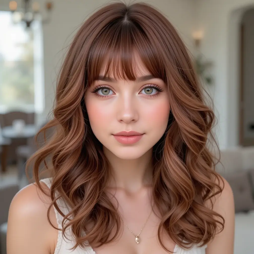 Deep Auburn Soft Curls with Bangs