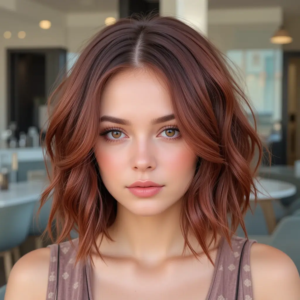 Deep Auburn Wavy Bob with Middle Part