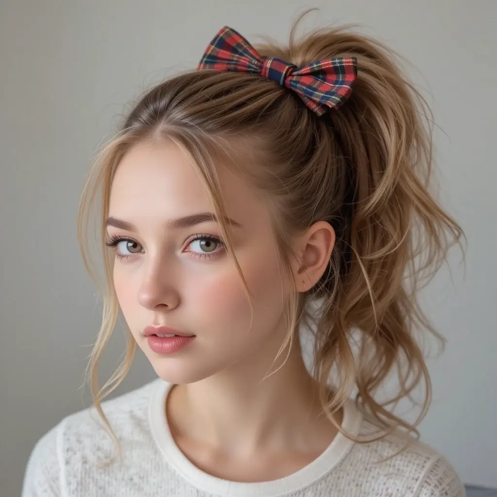 Fluffy Ponytail with Plaid Bow
