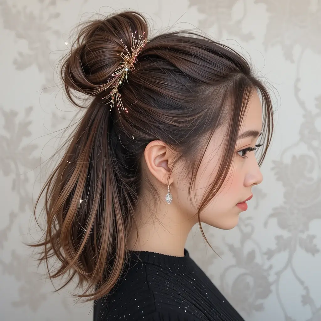 Half-Up Bun with Tinsel Accents