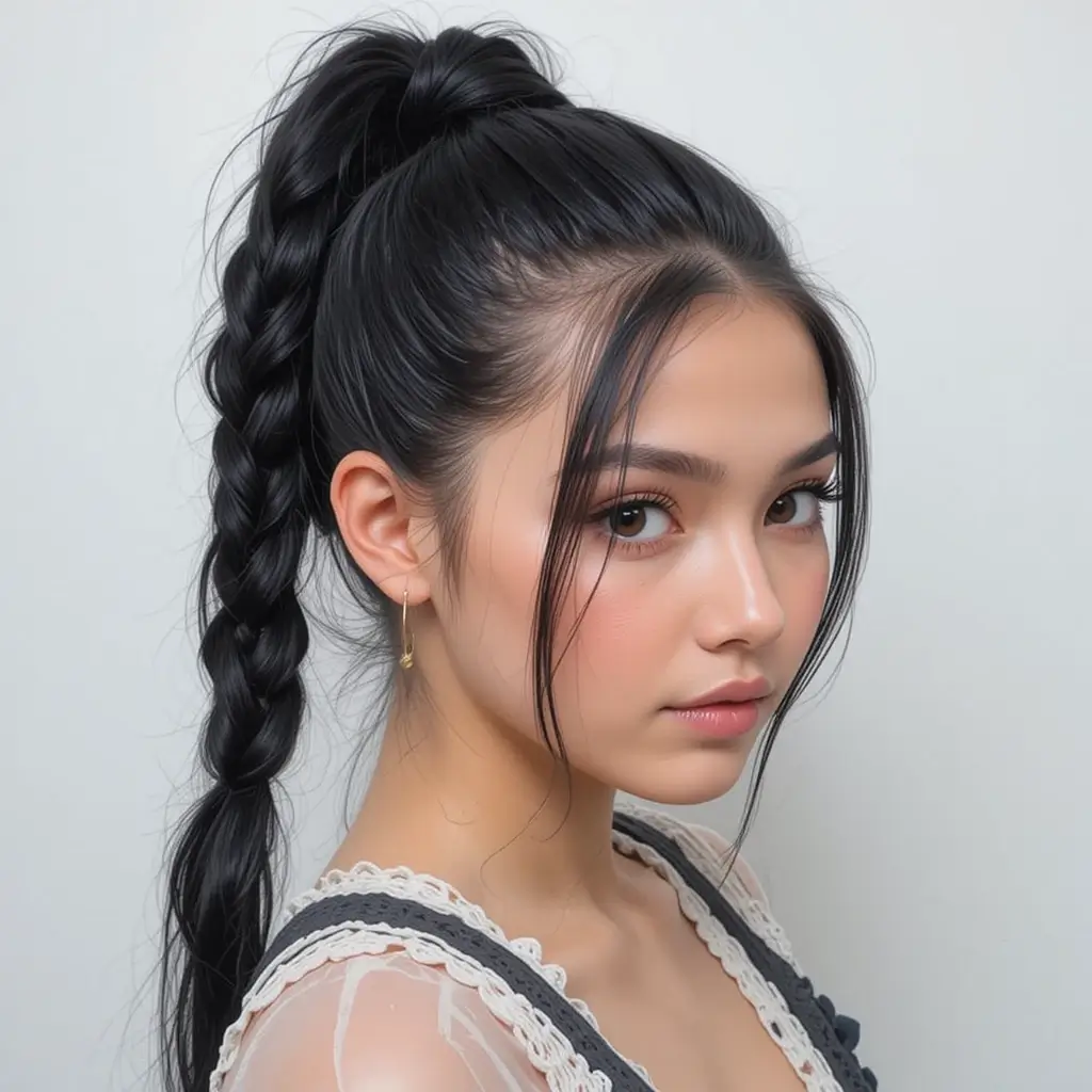 Jet Black Hair in a Braided Ponytail