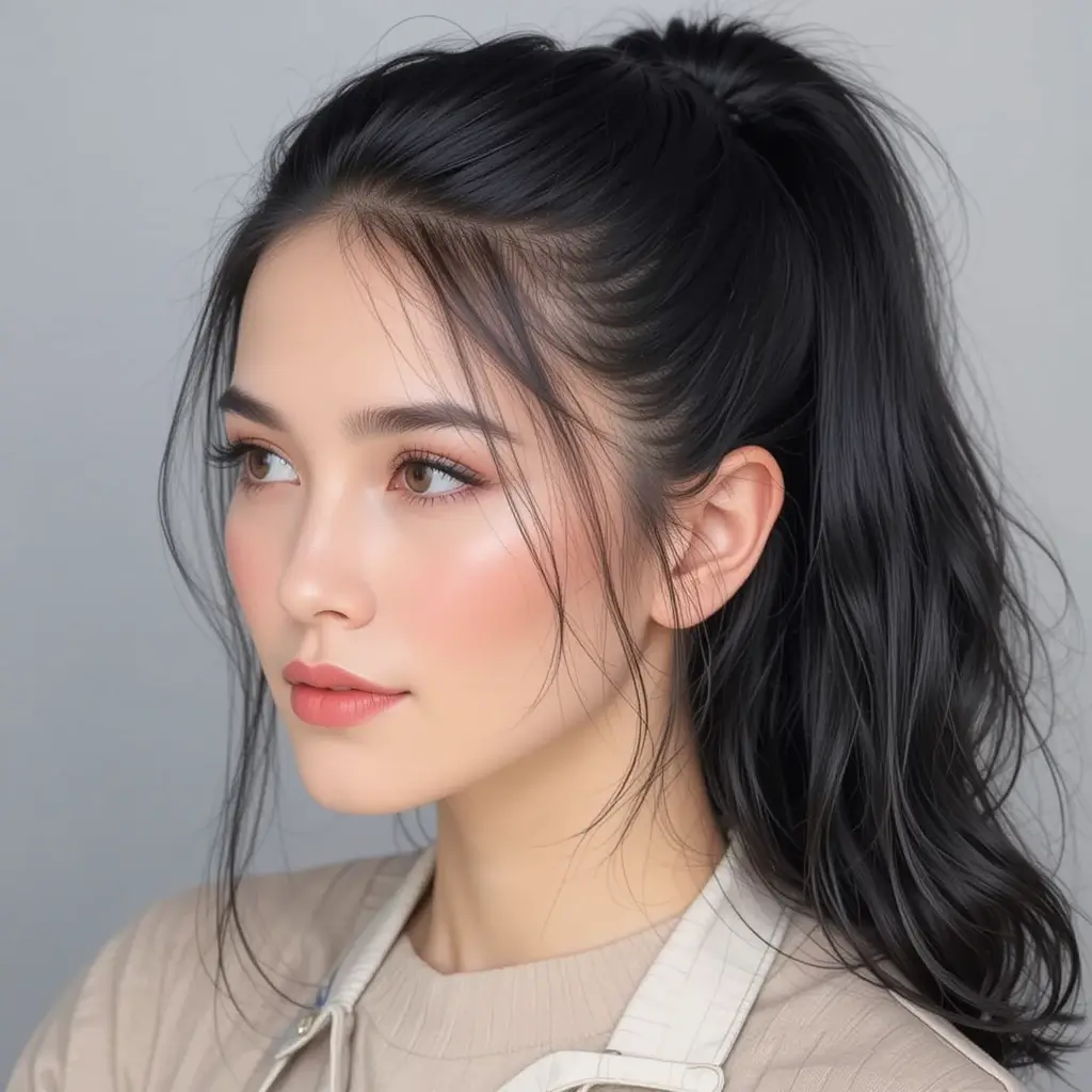 Jet Black Hair in a Half-Up, Half-Down Style