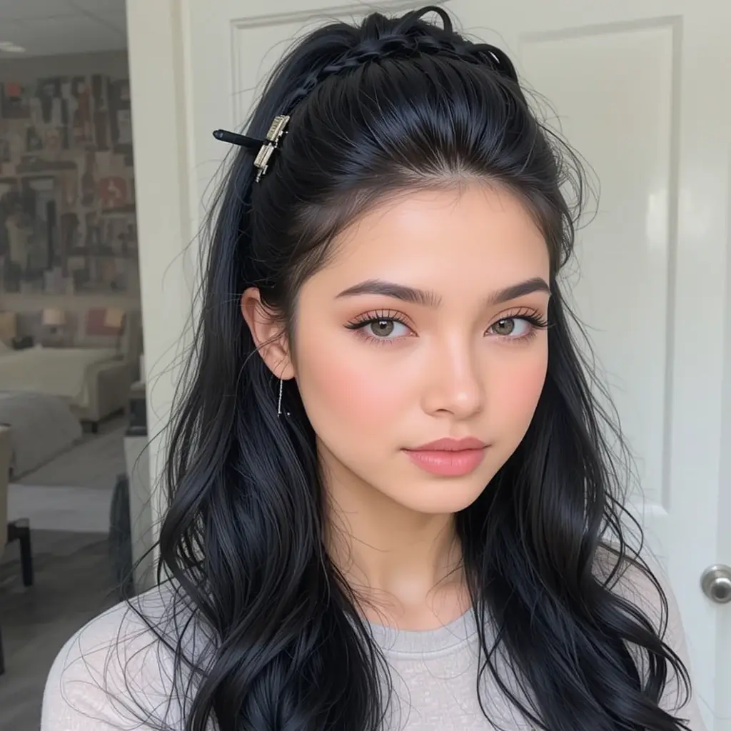  Jet Black Hair in a Half-Up, Half-Down Style