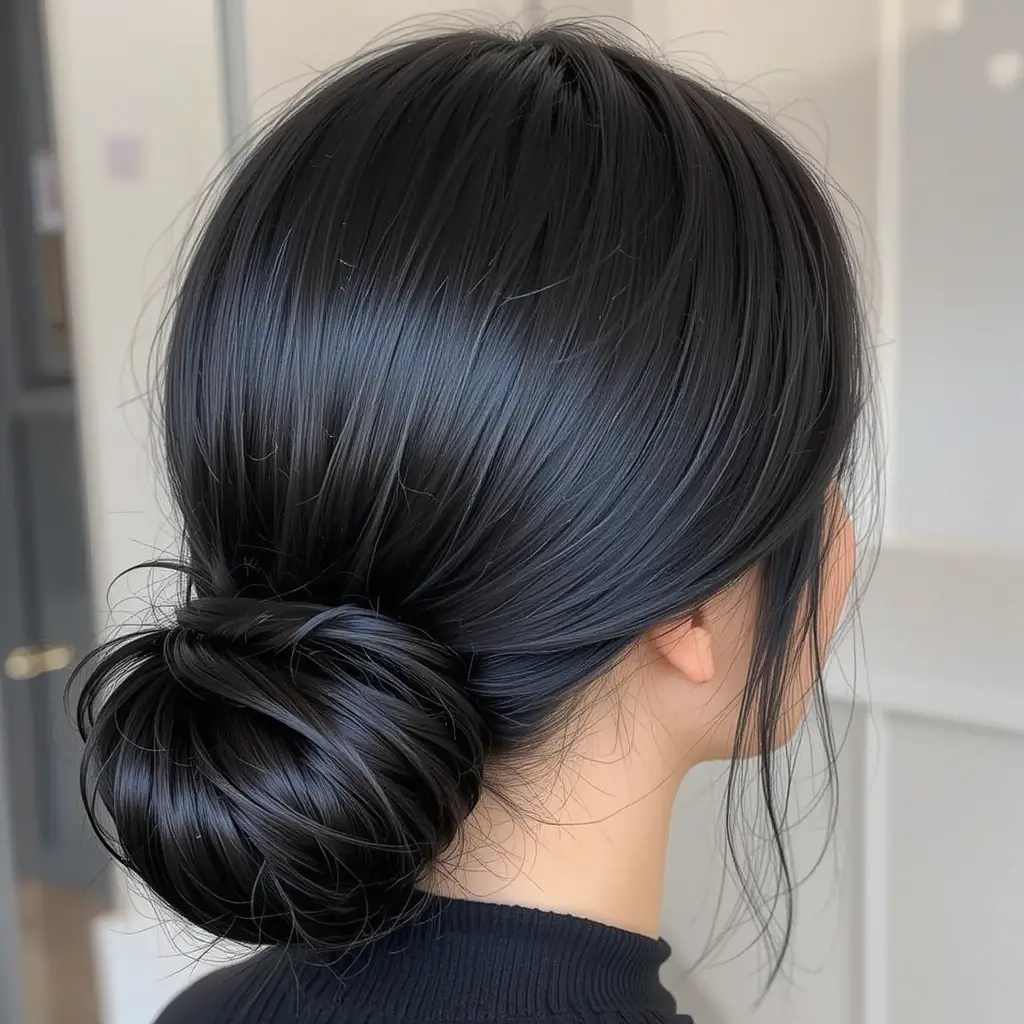 Jet Black Hair in a Sleek Low Bun