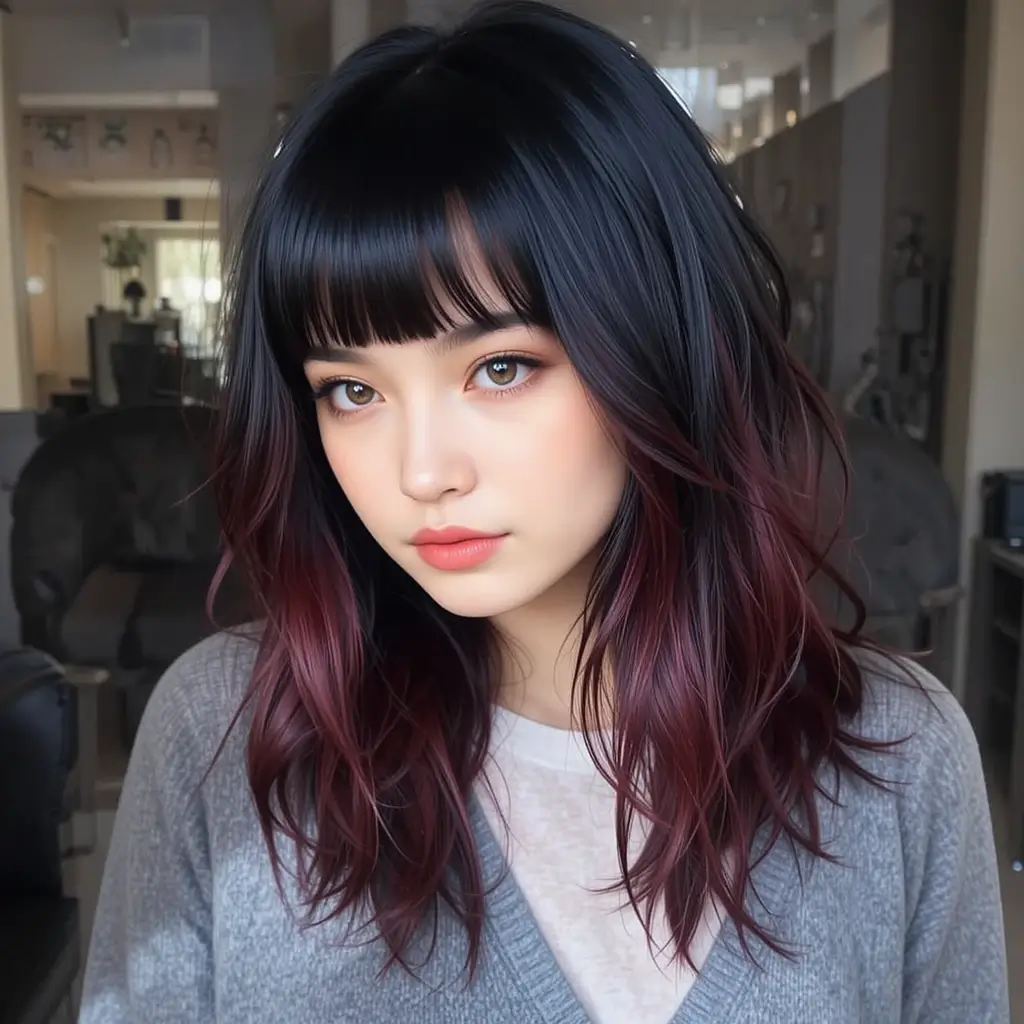 . Jet Black Hair with Burgundy Ombre
