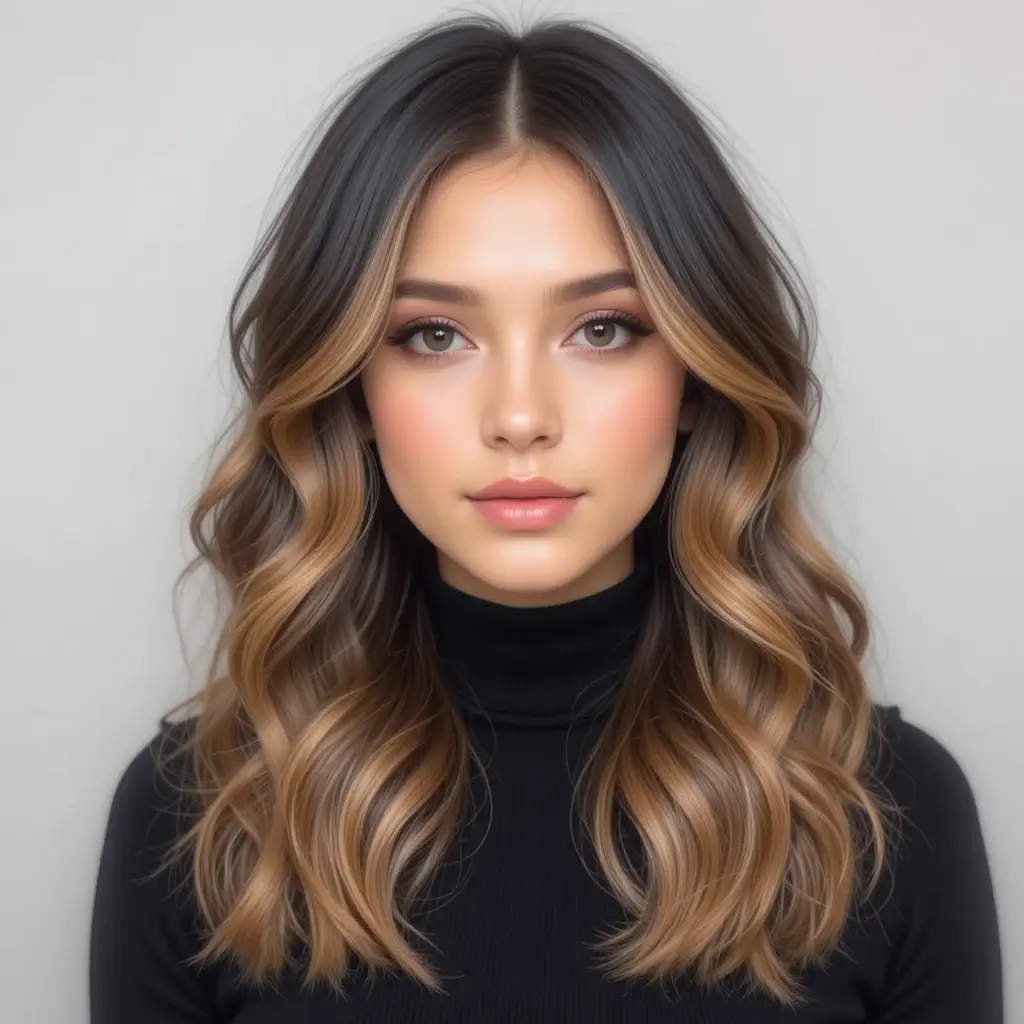Jet Black Hair with Caramel Highlights