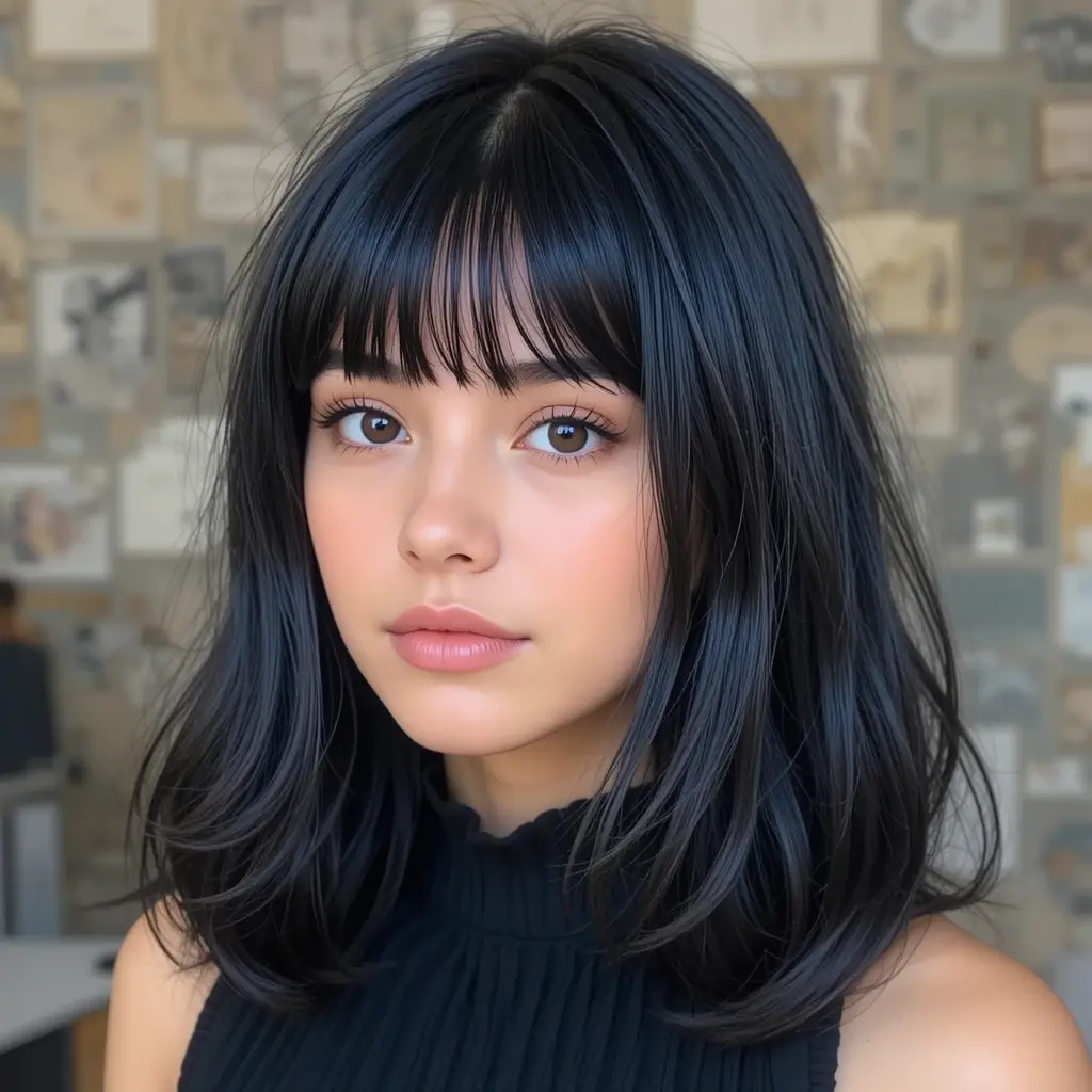 Jet Black Hair with Curtain Bangs