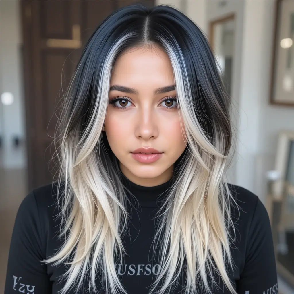 Jet Black Hair with Face-Framing Blonde Streaks