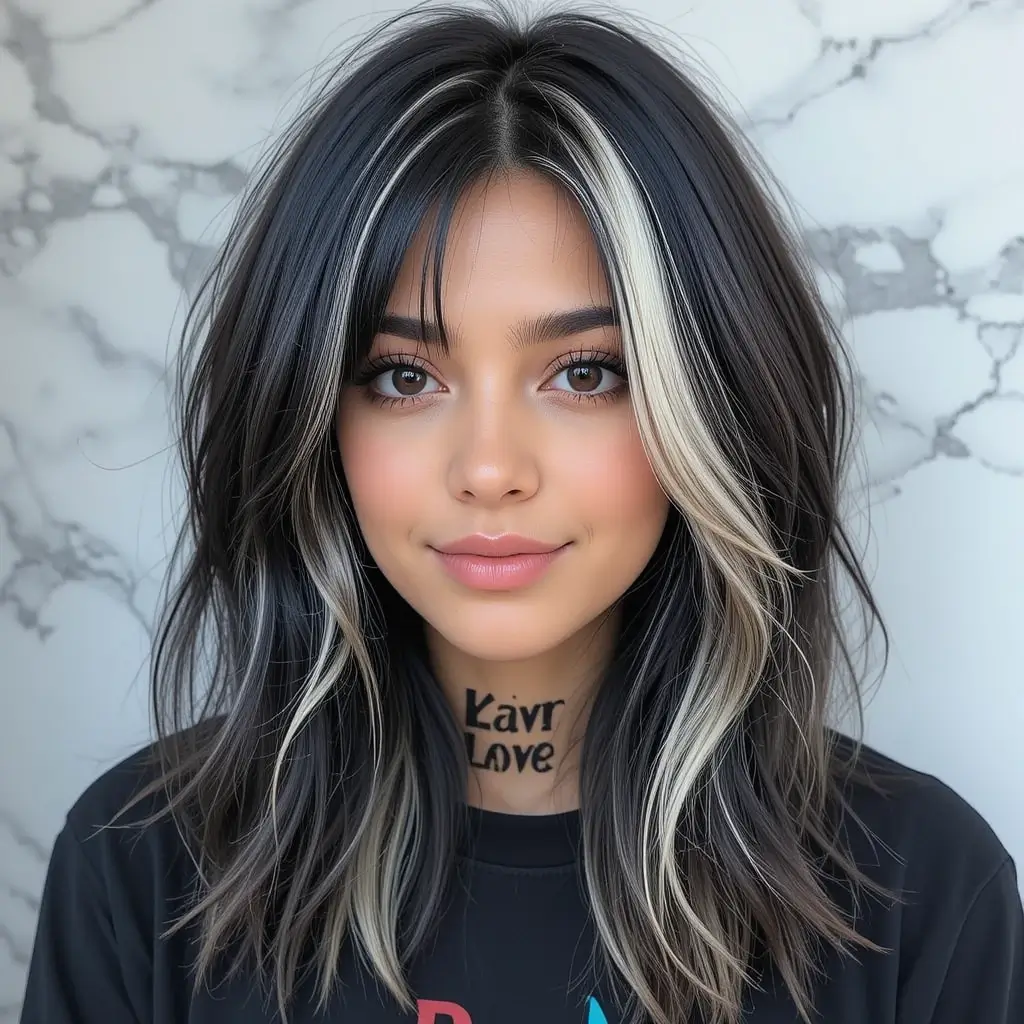 . Jet Black Hair with Face-Framing Blonde Streaks