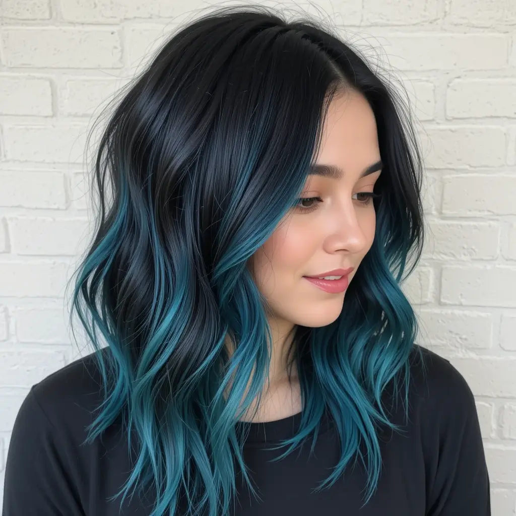 Jet Black Hair with Hidden Teal Streaks