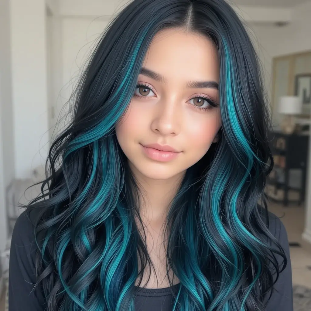  Jet Black Hair with Hidden Teal Streaks