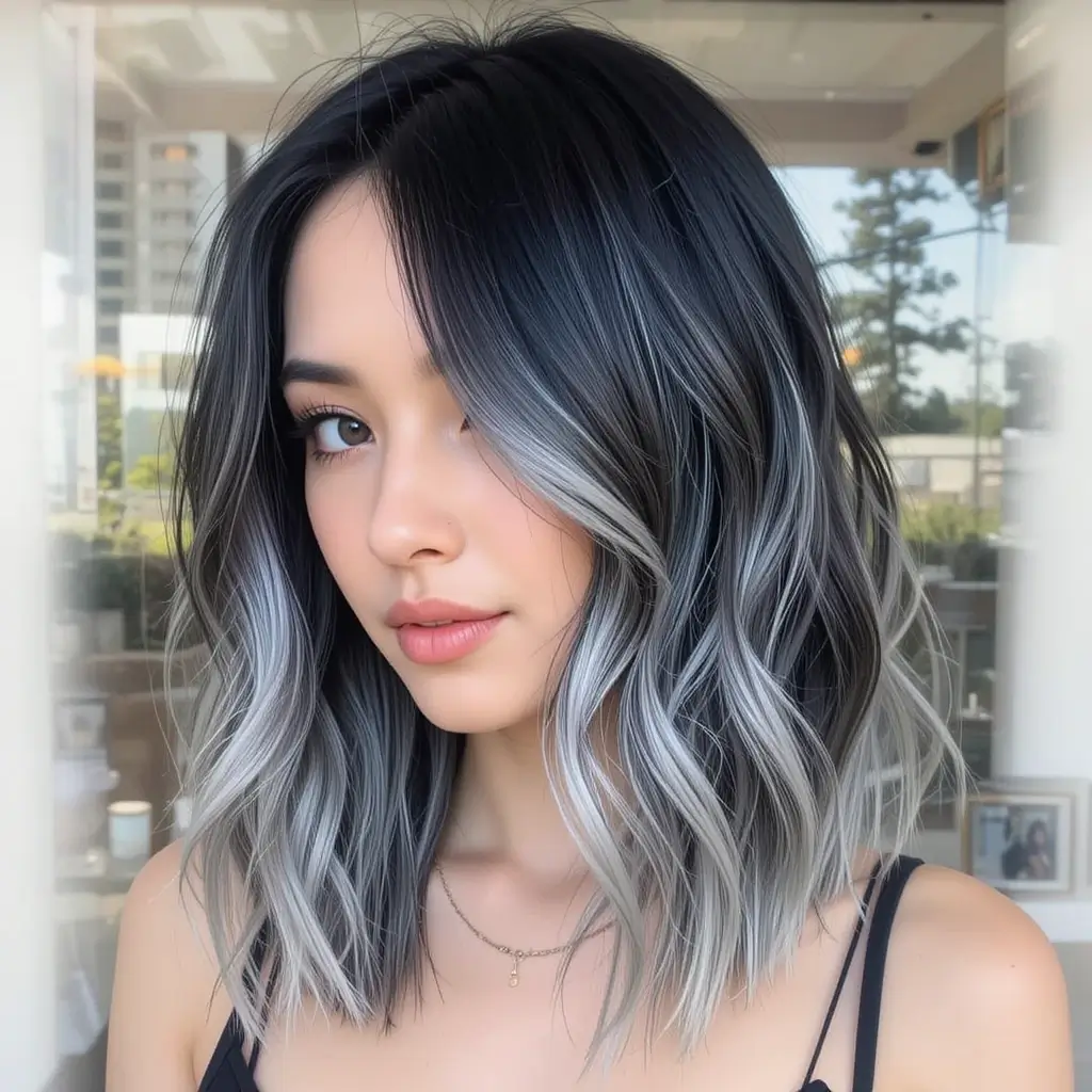 Jet Black Hair with Silver Peekaboo Highlights