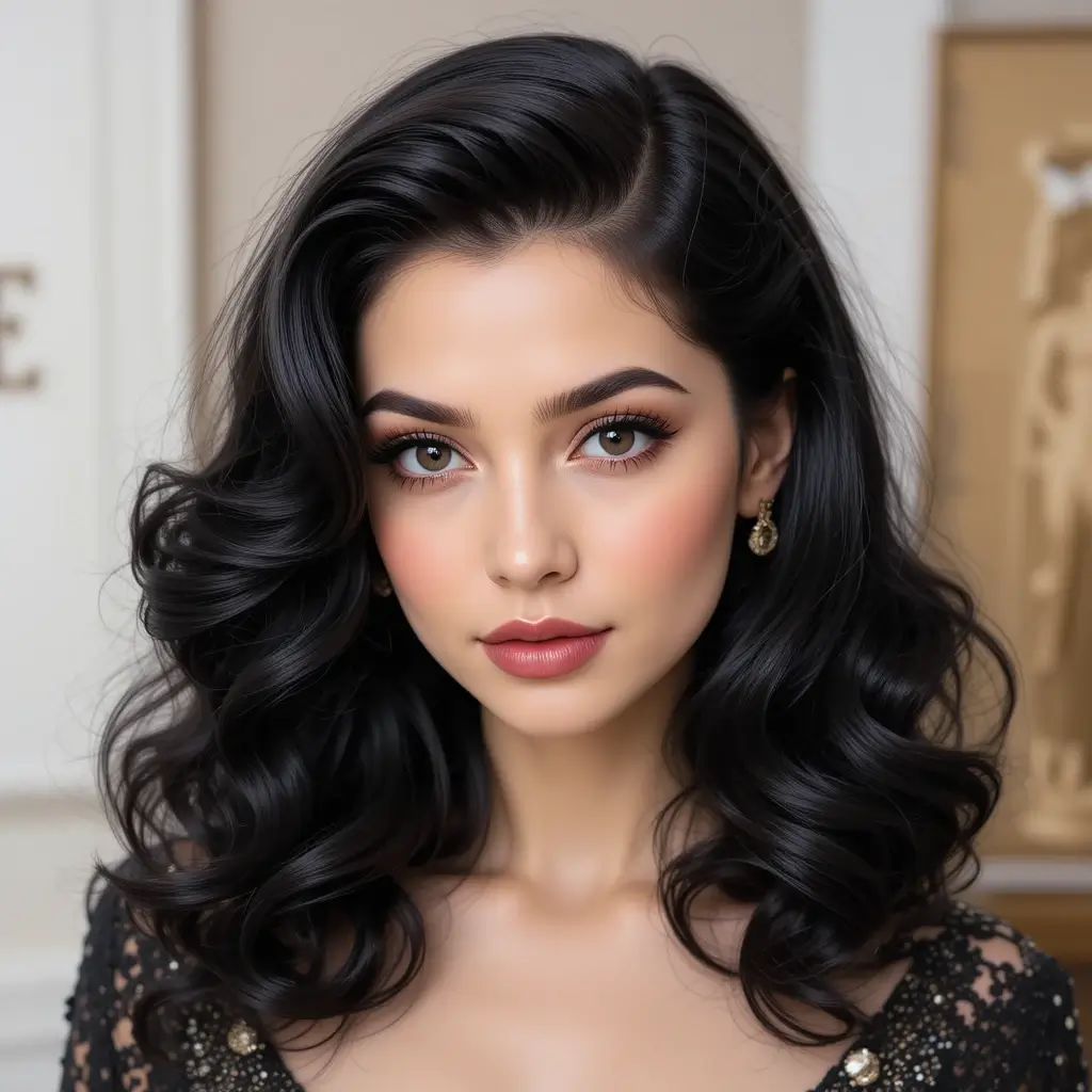  Jet Black Hair with Soft Hollywood Curls