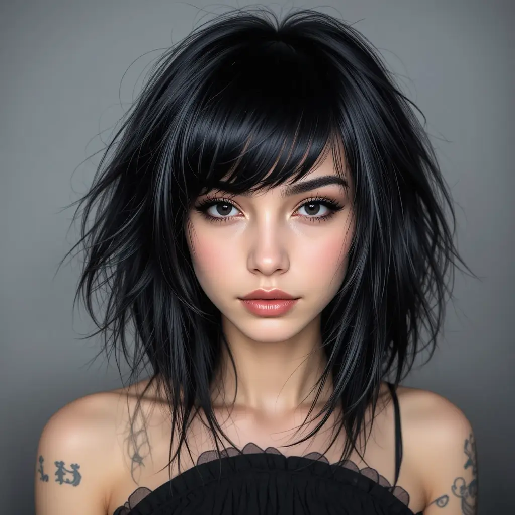  Jet Black Layered Wolf Cut