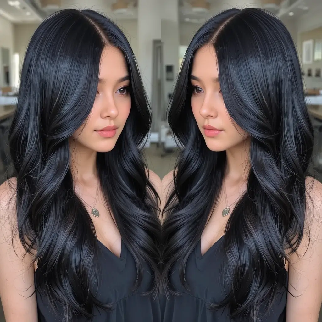 Jet Black Long Hair with V-Cut Layers