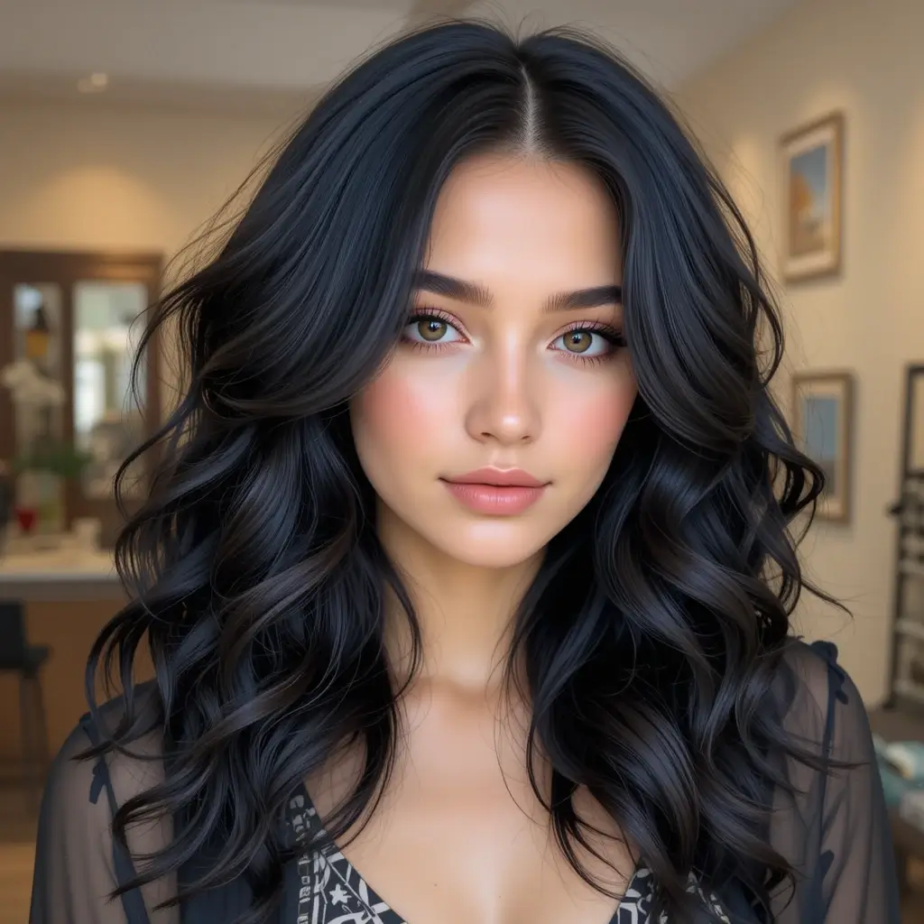  Jet Black Tousled Waves with Side Part