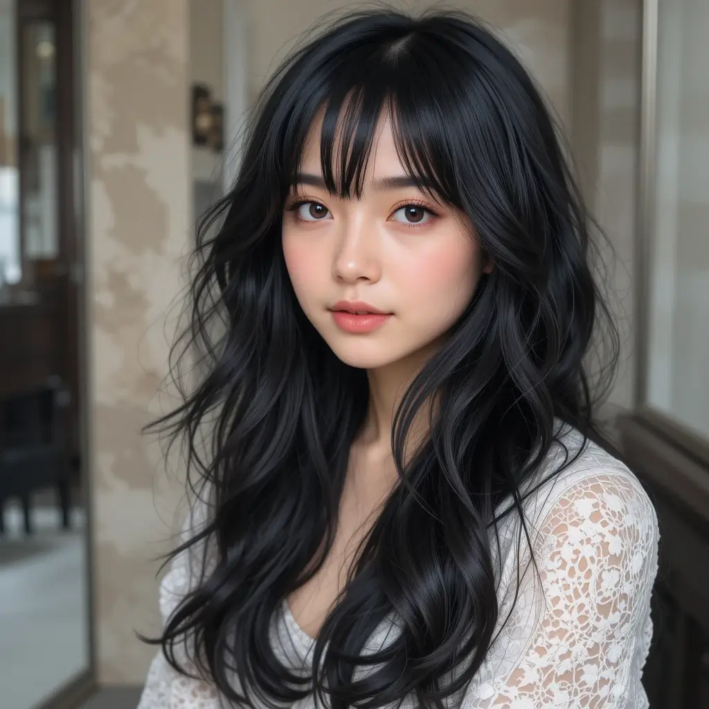 Long Jet Black Hair with Wispy Bangs