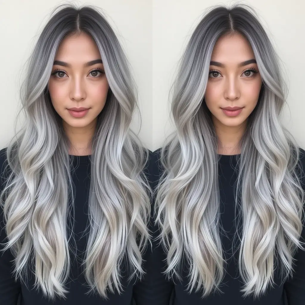 Long Salt and Pepper Hair with Feathered Layers