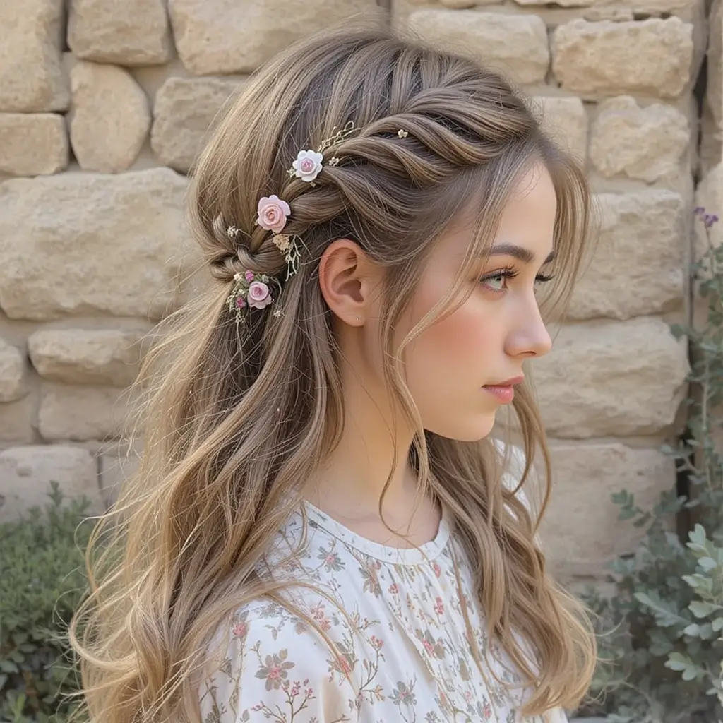 Loose Side Braid with Floral Pins