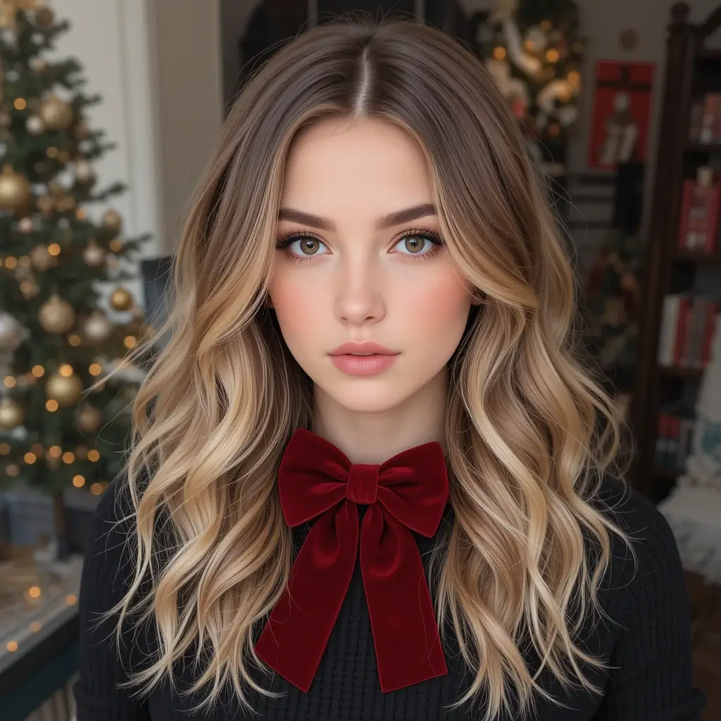 Loose Waves with Red Velvet Bow