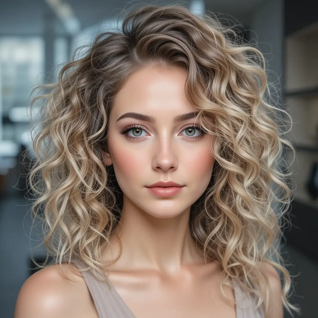 Medium Curly Hair with Hidden Layers