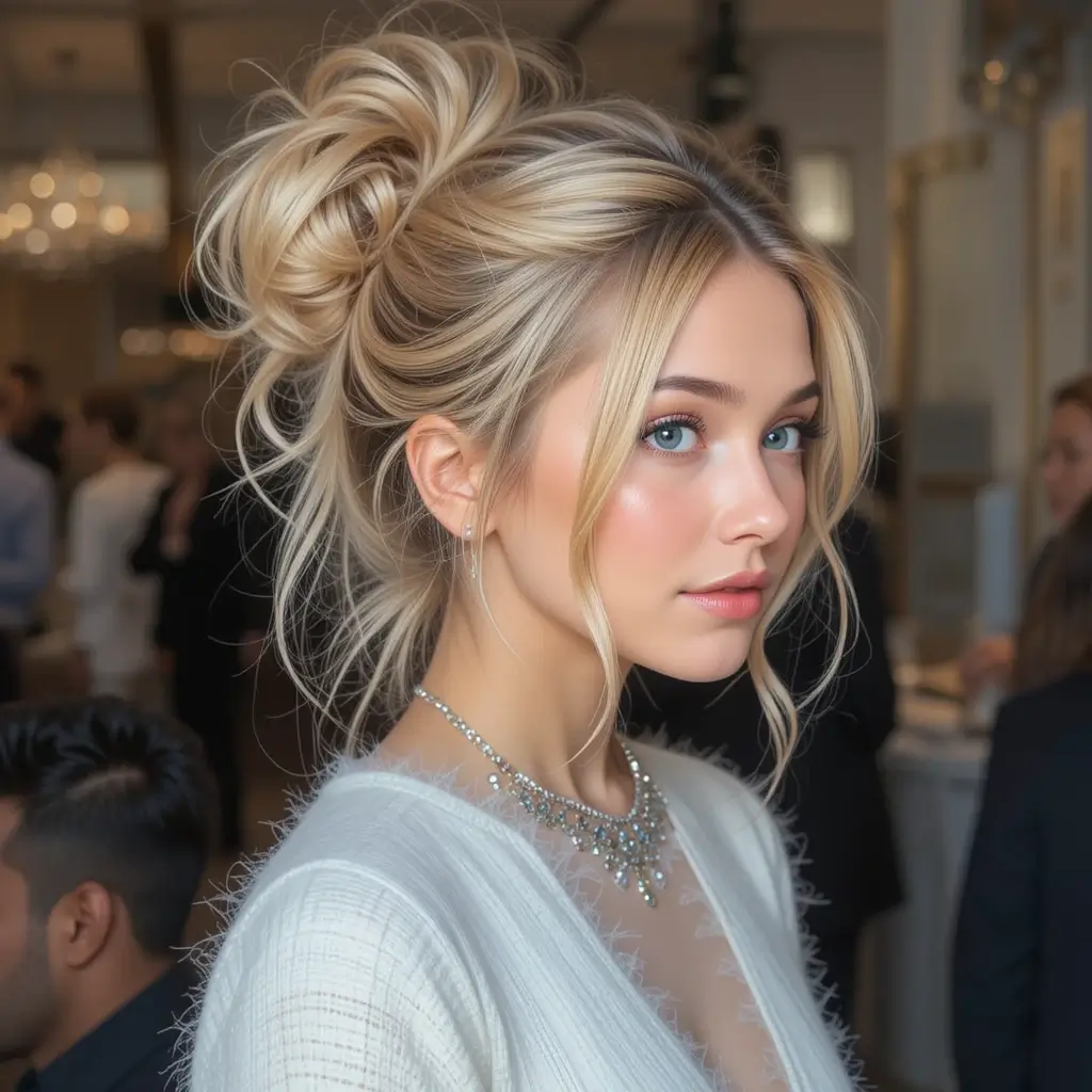 Messy Bun with Face-Framing Strands