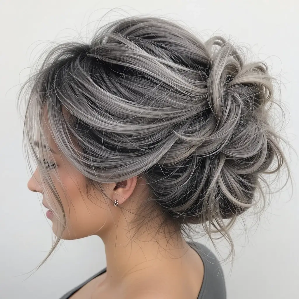 Messy Bun with Salt and Pepper Tones