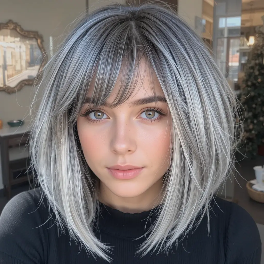 Salt and Pepper Bob with Side-Swept Bangs