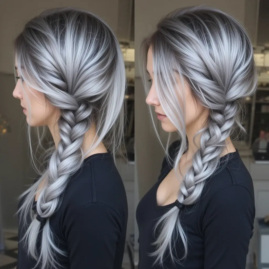 Salt and Pepper Hair with Loose Fishtail Braid