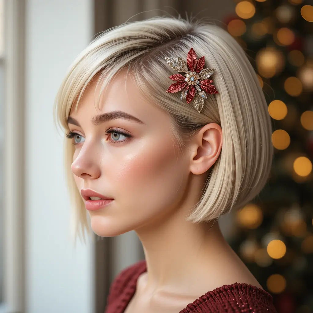 Short Blunt Cut with Festive Barrette