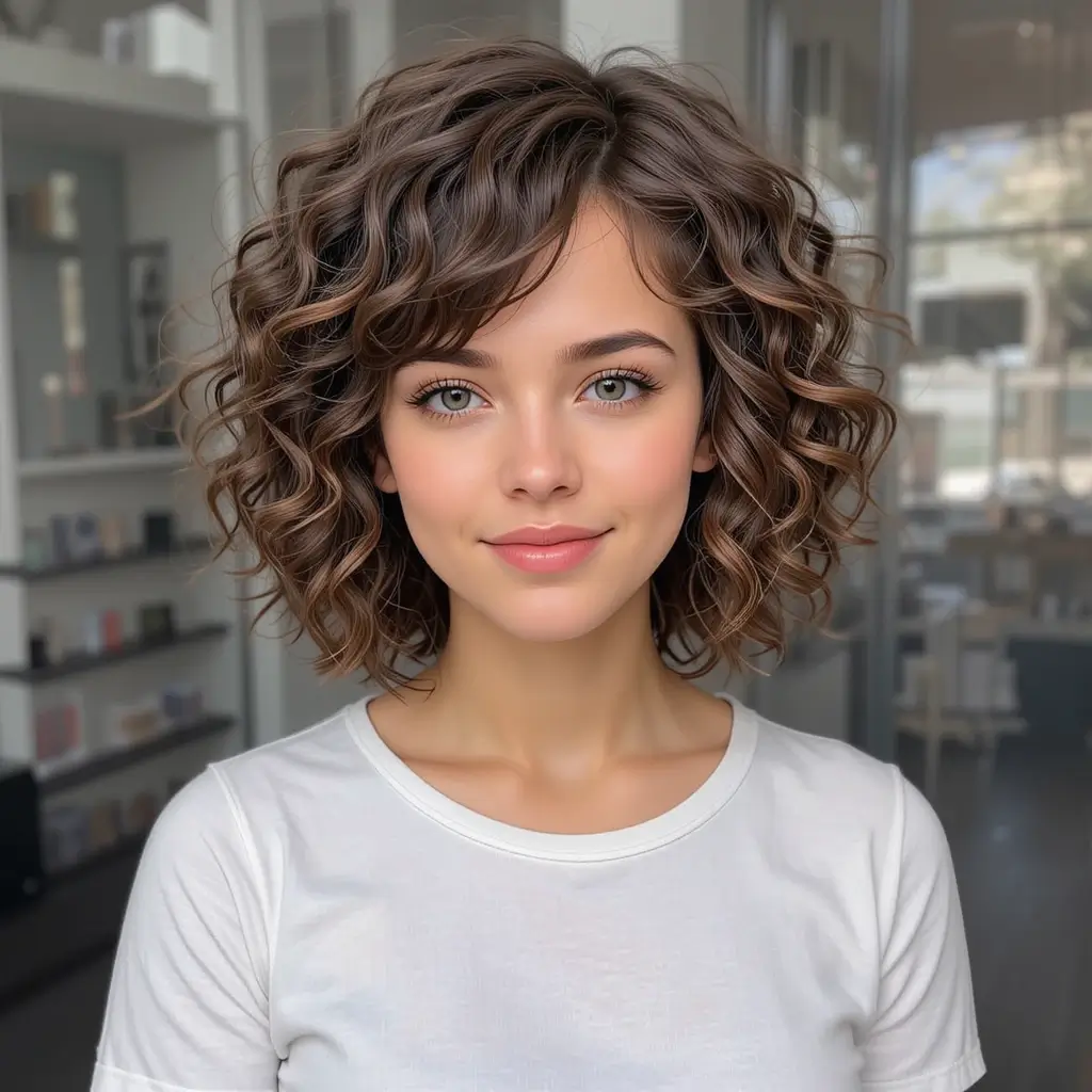 Short Curly Hair with Side Swept Bangs