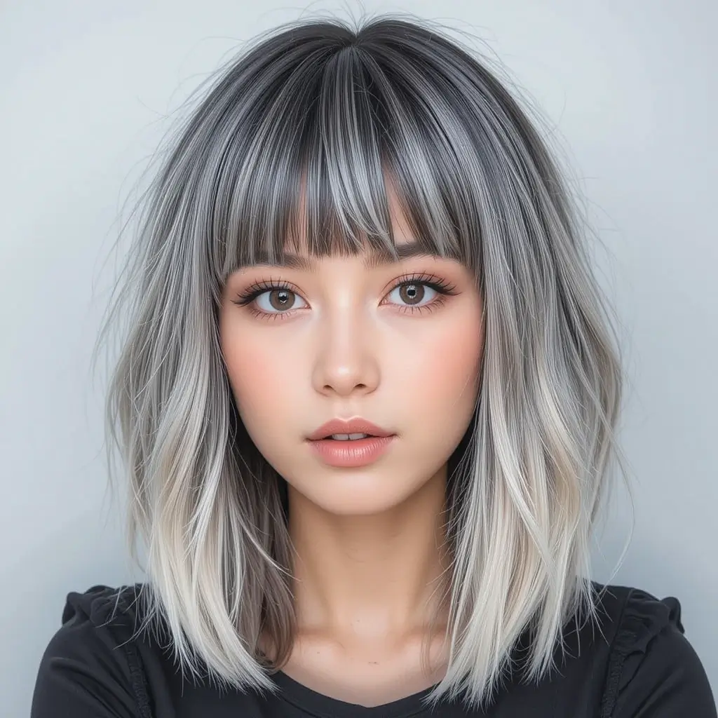  Shoulder-Length Salt and Pepper Hair with Blunt Bangs