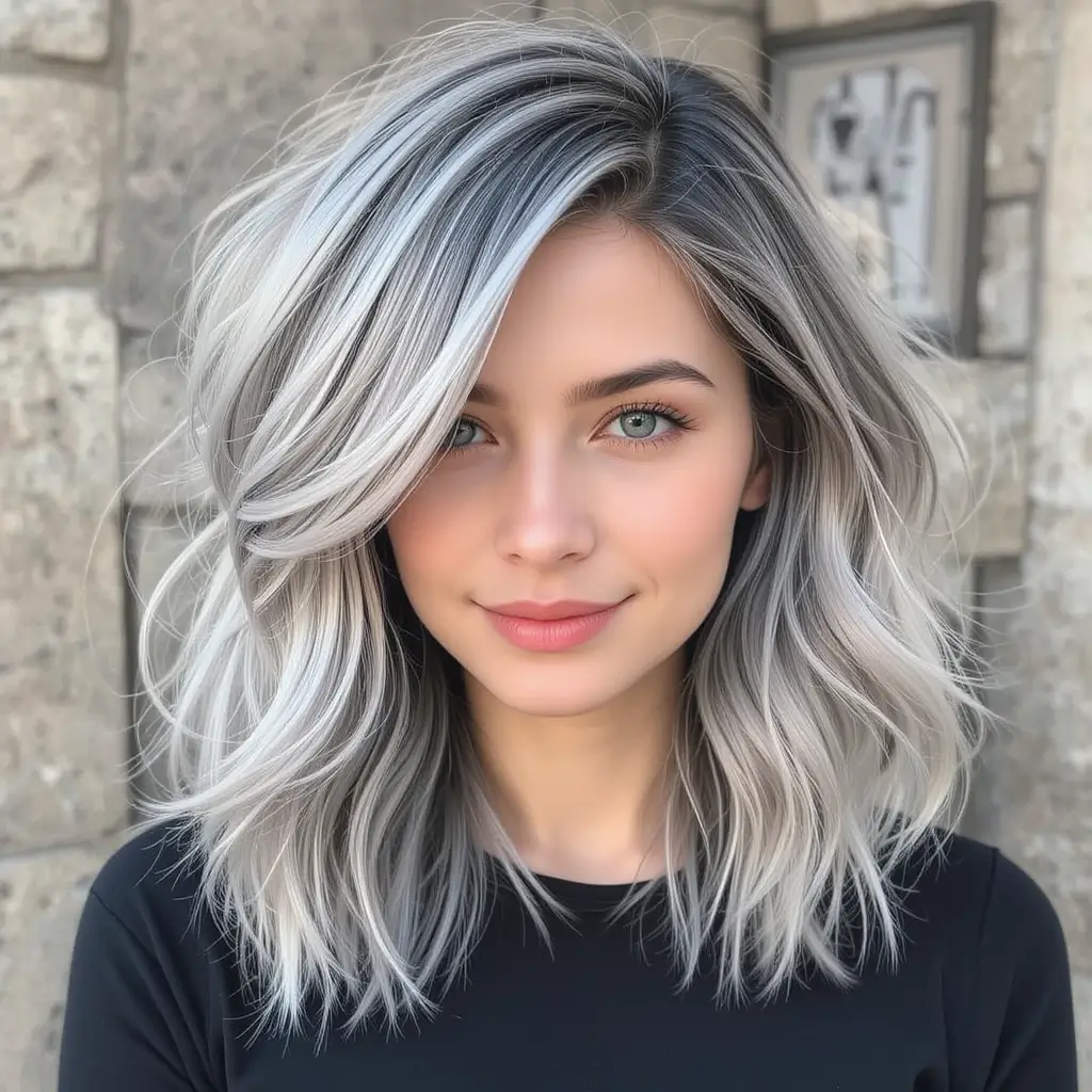 Shoulder-Length Salt and Pepper Hair with Feathered Layers