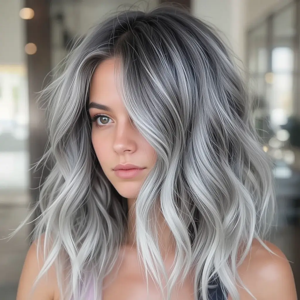 Shoulder-Length Waves with Icy Silver Lowlights