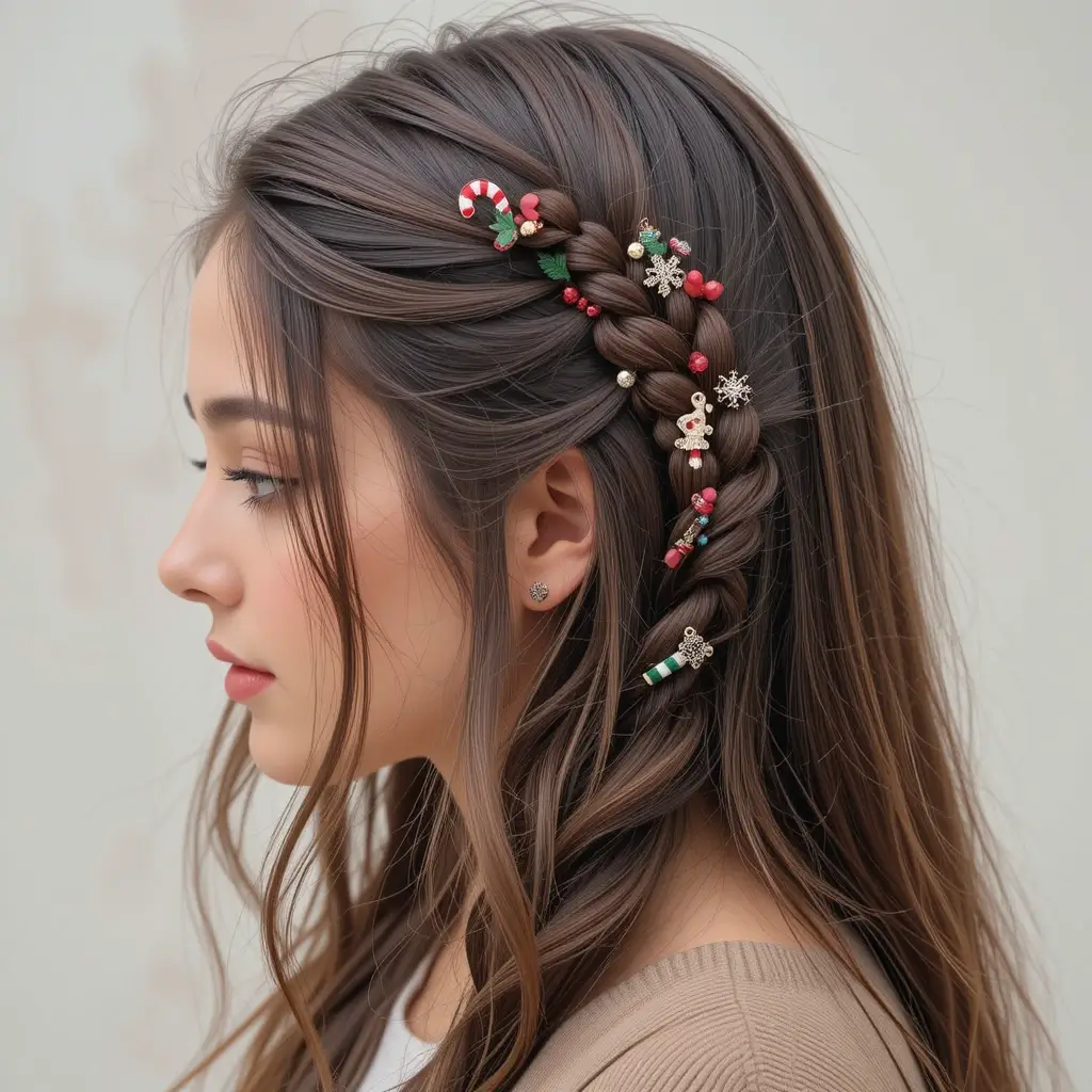 Side Braid with Christmas Charm Clips