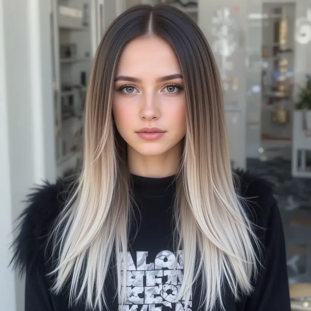 Sleek Long Ash Brown with Ice Blonde Tips
