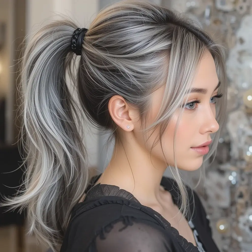 Sleek Ponytail with Salt and Pepper Tones