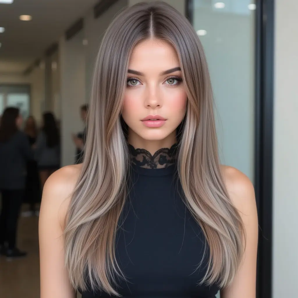 Sleek and Straight Ash Brown Hair