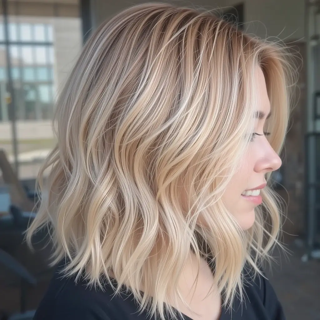 Strawberry Blonde Angled Lob with Soft Waves