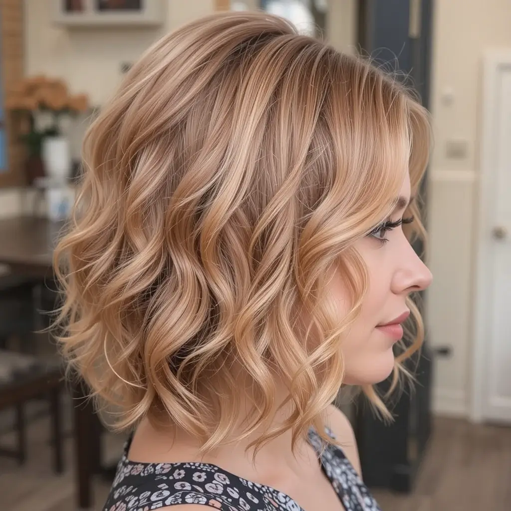 Strawberry Blonde Collarbone-Length Cut with Soft Curls