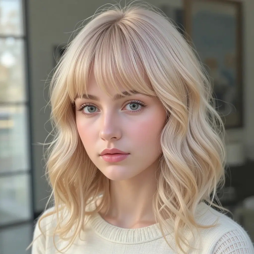 Strawberry Blonde Curtain Bangs with Soft Waves