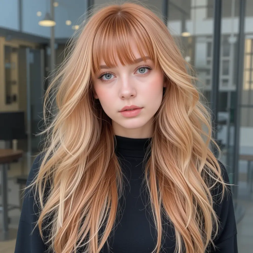 Strawberry Blonde Long Hair with Feathered Bangs