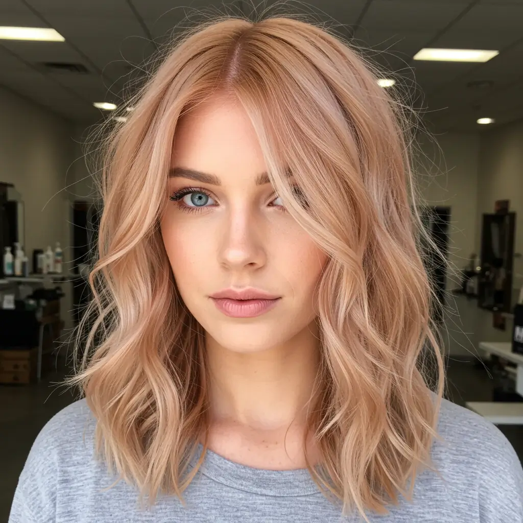 Strawberry Blonde Messy Waves with Layered Cut