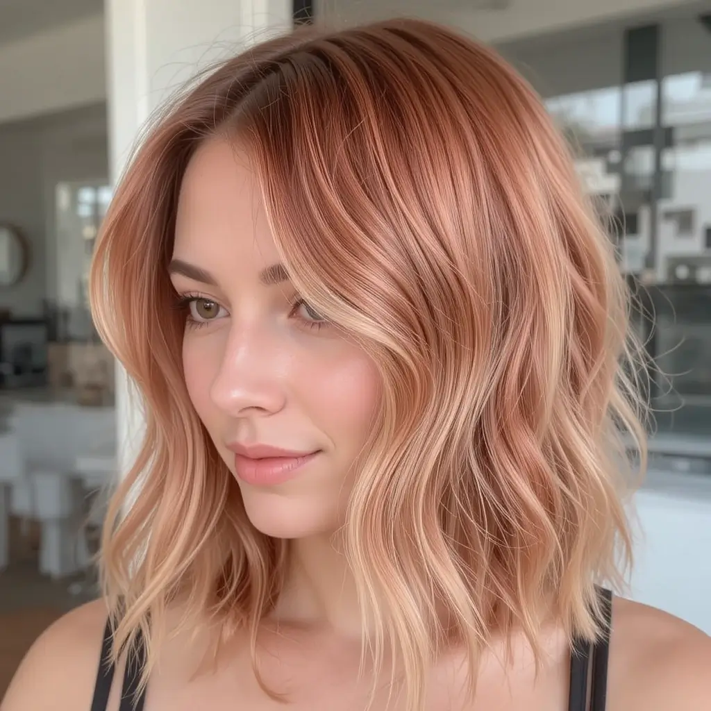 Strawberry Blonde Side-Swept Bangs with Medium-Length Layers