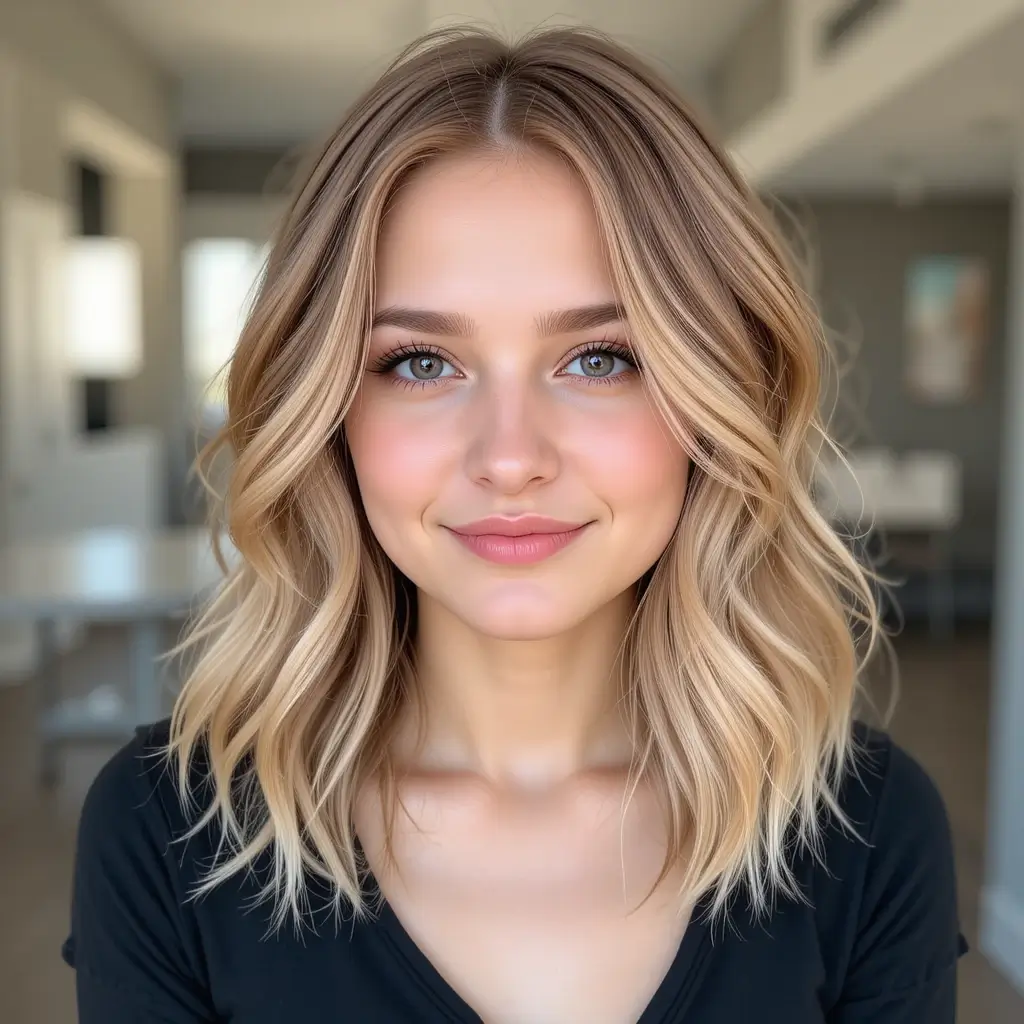 Strawberry Blonde Wavy Lob with Face-Framing Highlights