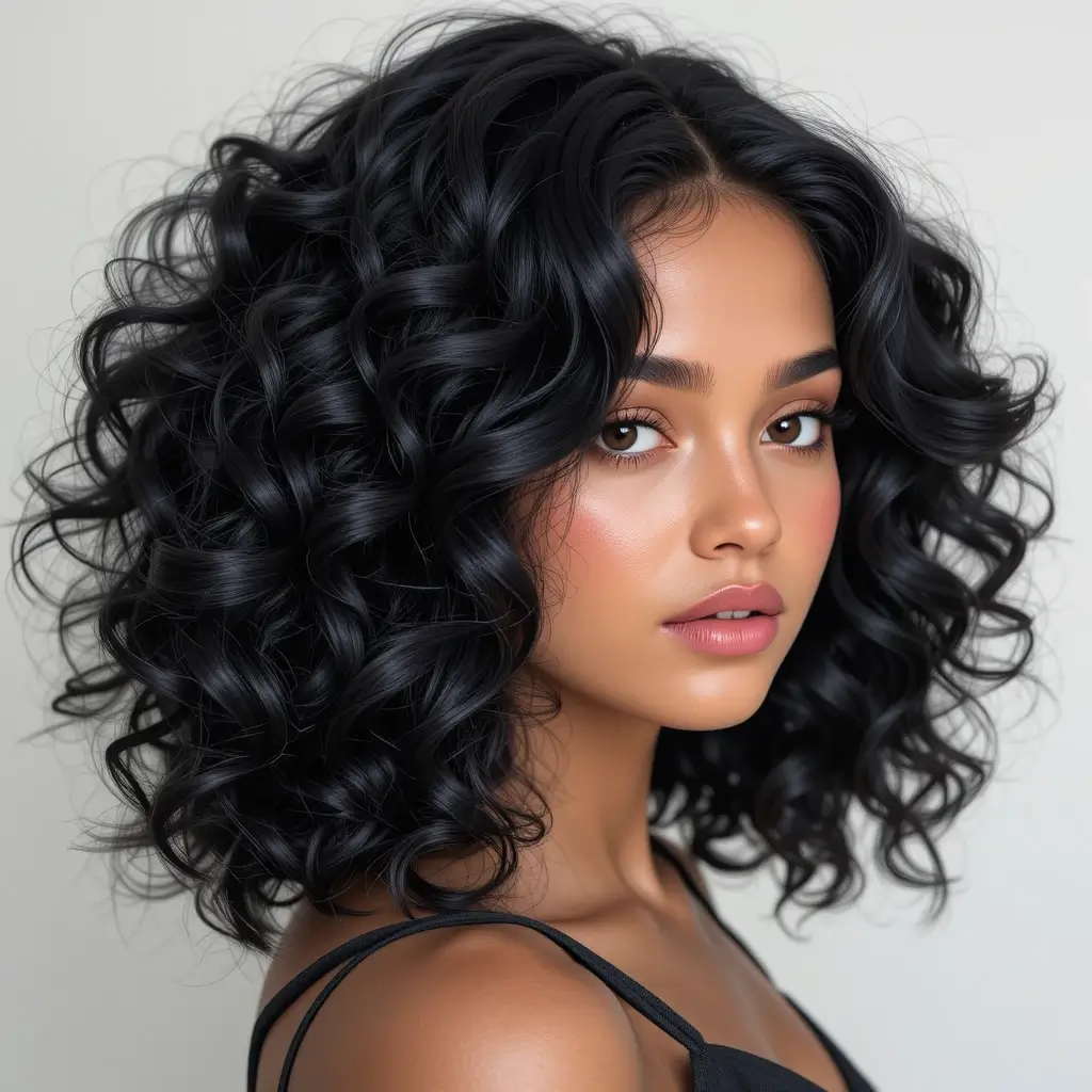 Voluminous Curls in Jet Black Hair