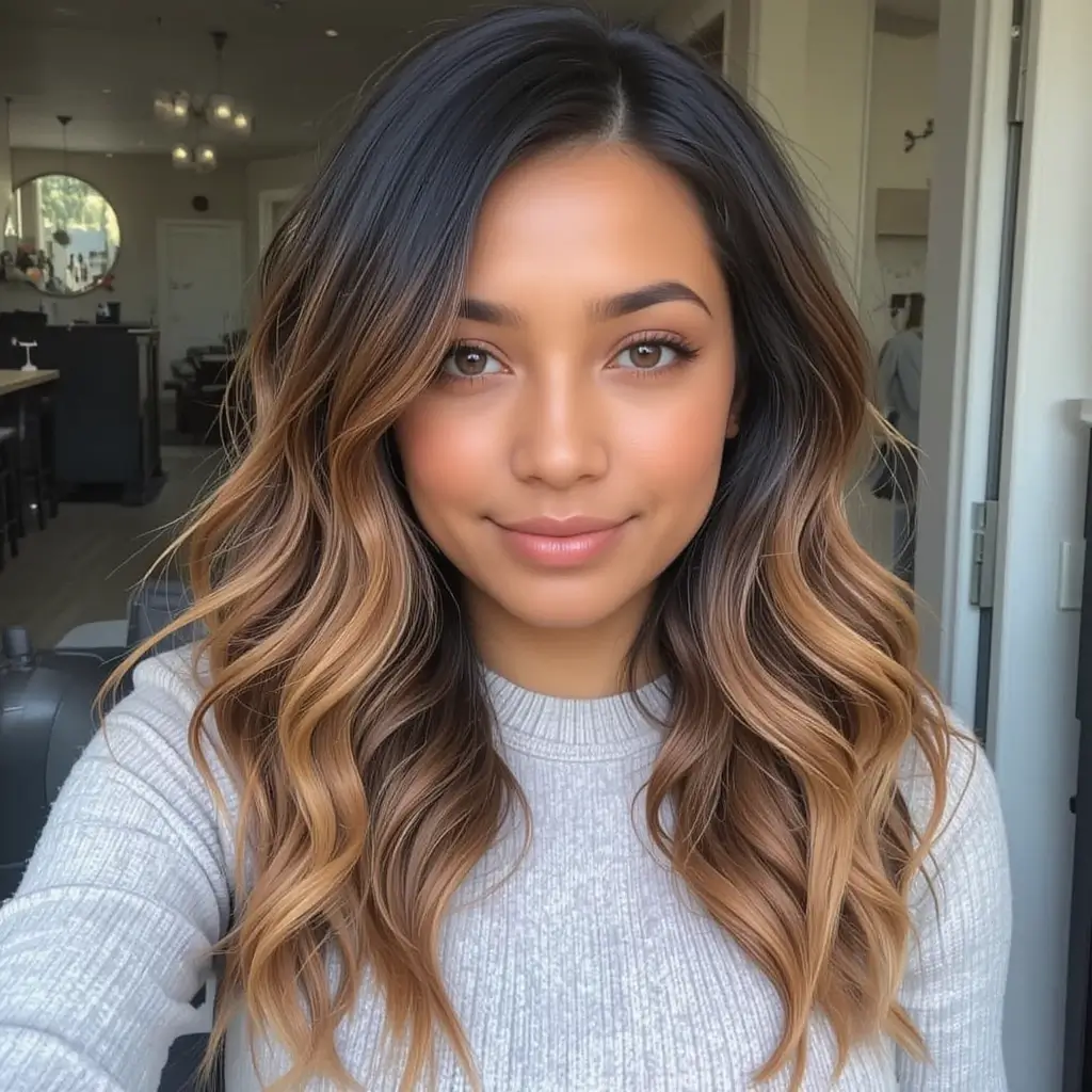 Warm Amber Balayage on Black Hair