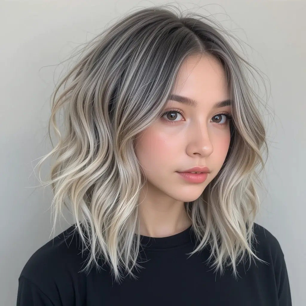 Wavy Salt and Pepper Bob with Middle Part