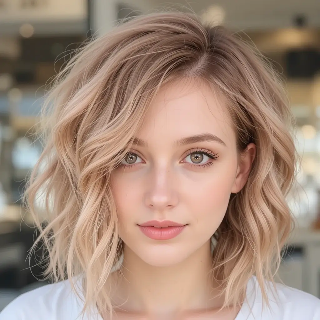 Wavy Strawberry Blonde Bob with Side Part
