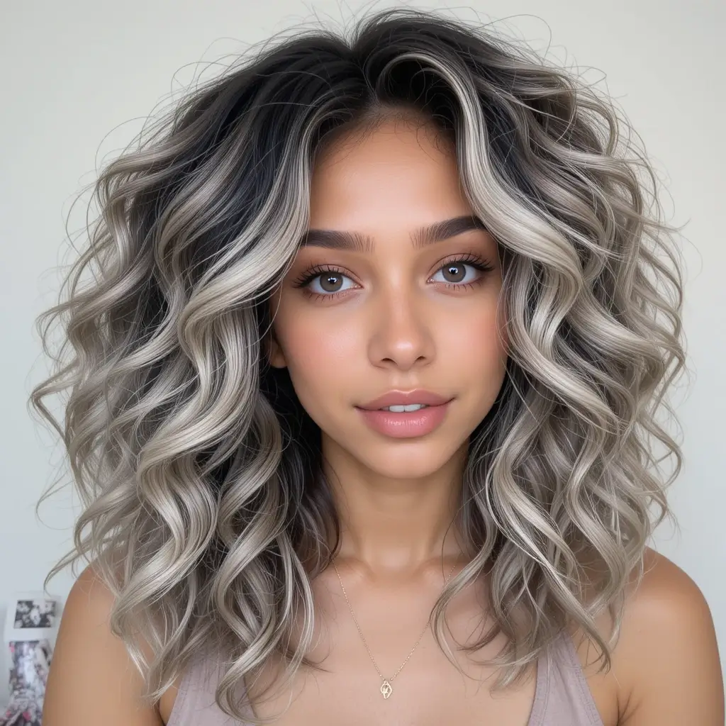 Ash Blonde Highlights on Cool Black Curls